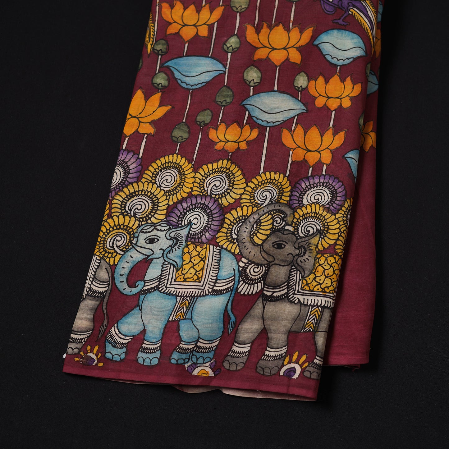 Maroon - Handpainted Srikalahasti Silk Cotton Pen Kalamkari Fabric 12