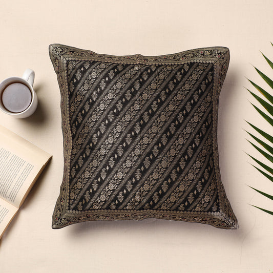 Black - Banarasi Handwoven Silk Zari Cushion Cover (16 x 16 in)