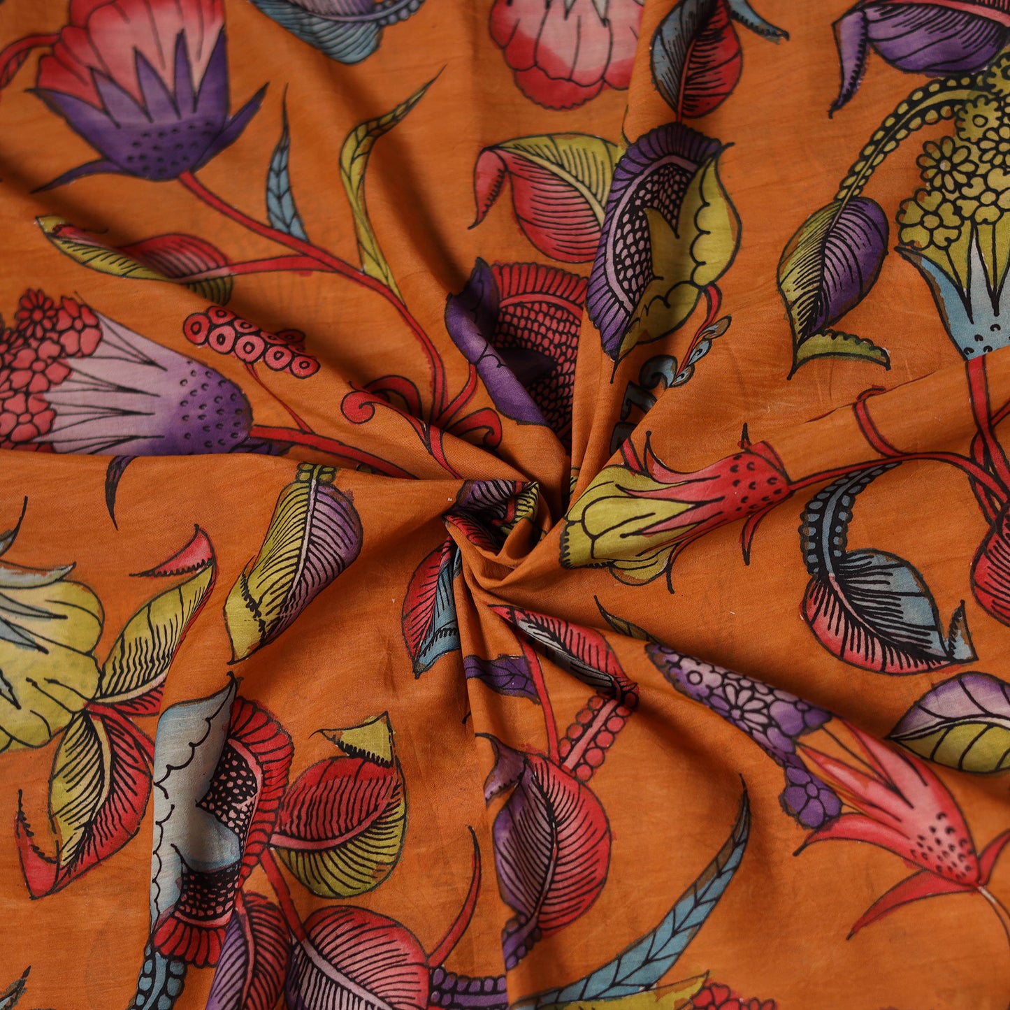 Orange - Handpainted Srikalahasti Silk Cotton Pen Kalamkari Fabric 15