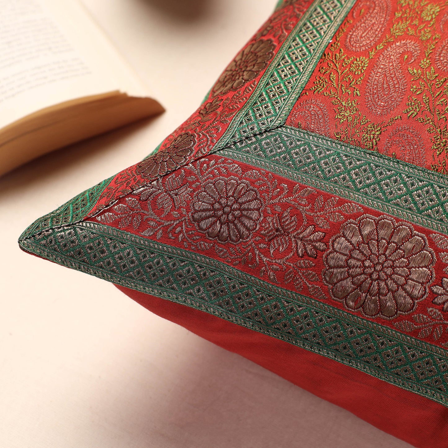 Red - Banarasi Handwoven Silk Zari Cushion Cover (16 x 16 in)