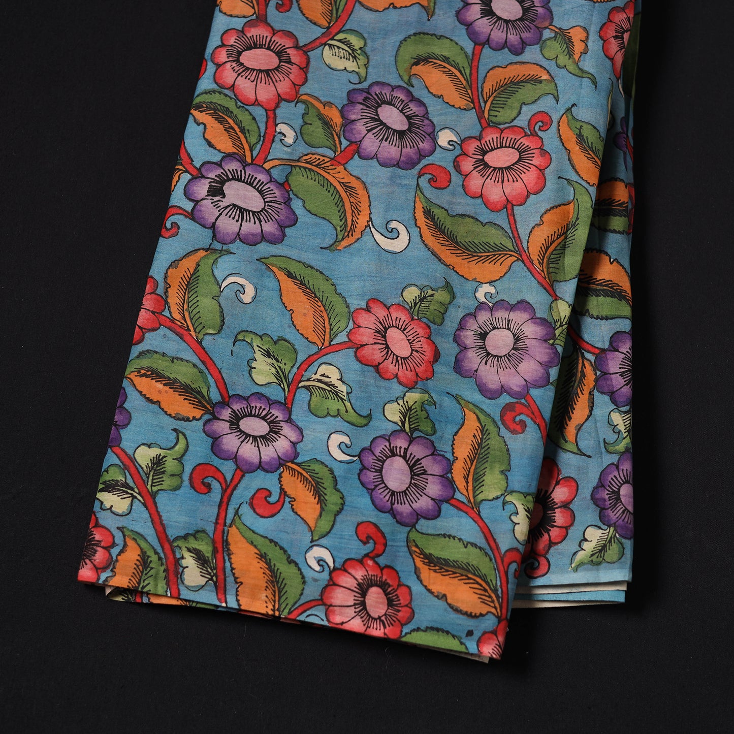 Blue - Handpainted Srikalahasti Silk Cotton Pen Kalamkari Fabric 18