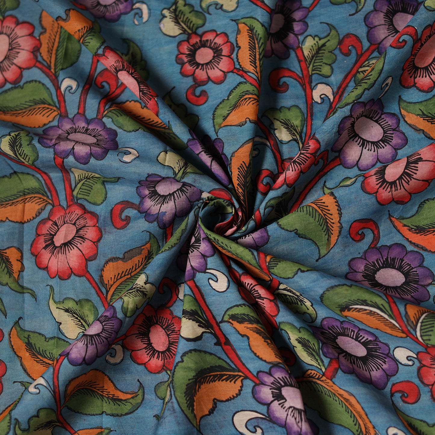 Blue - Handpainted Srikalahasti Silk Cotton Pen Kalamkari Fabric 18