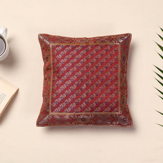Red - Banarasi Handwoven Silk Zari Cushion Cover (12 x 12 in)