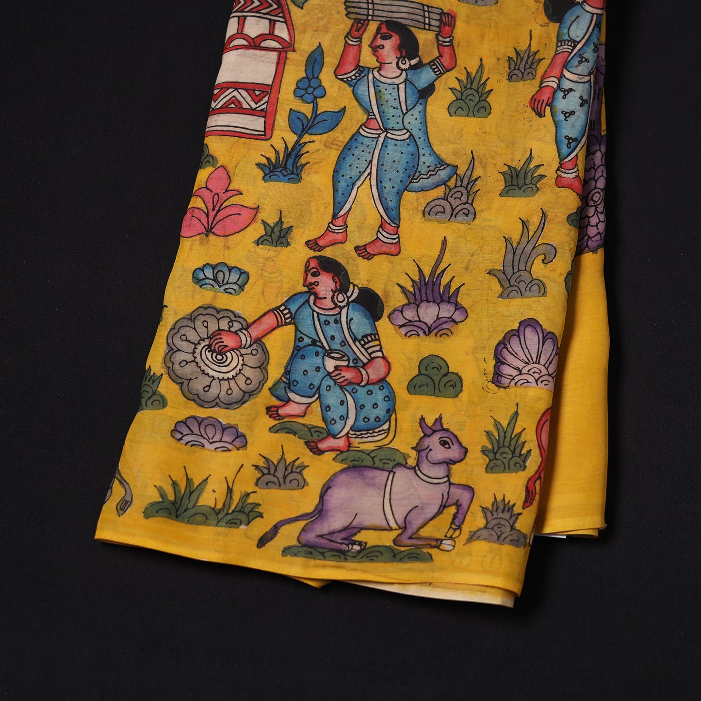 Yellow - Handpainted Srikalahasti Silk Cotton Pen Kalamkari Fabric 19