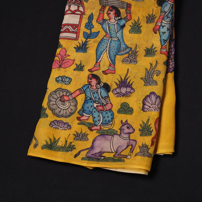 Yellow - Handpainted Srikalahasti Silk Cotton Pen Kalamkari Fabric 19