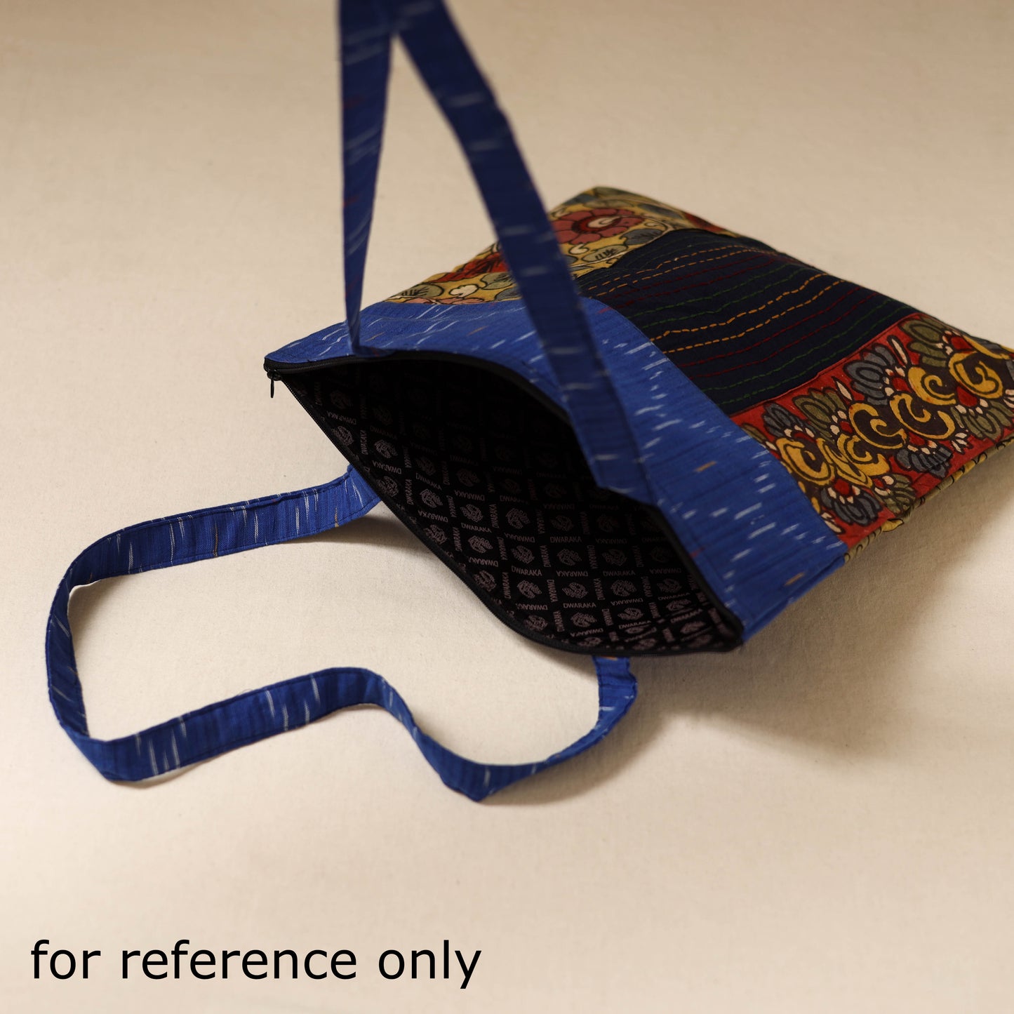 Srikalahasti Handpainted Kalamkari Ikat Patch Shoulder Bag by Dwarka Plus 50