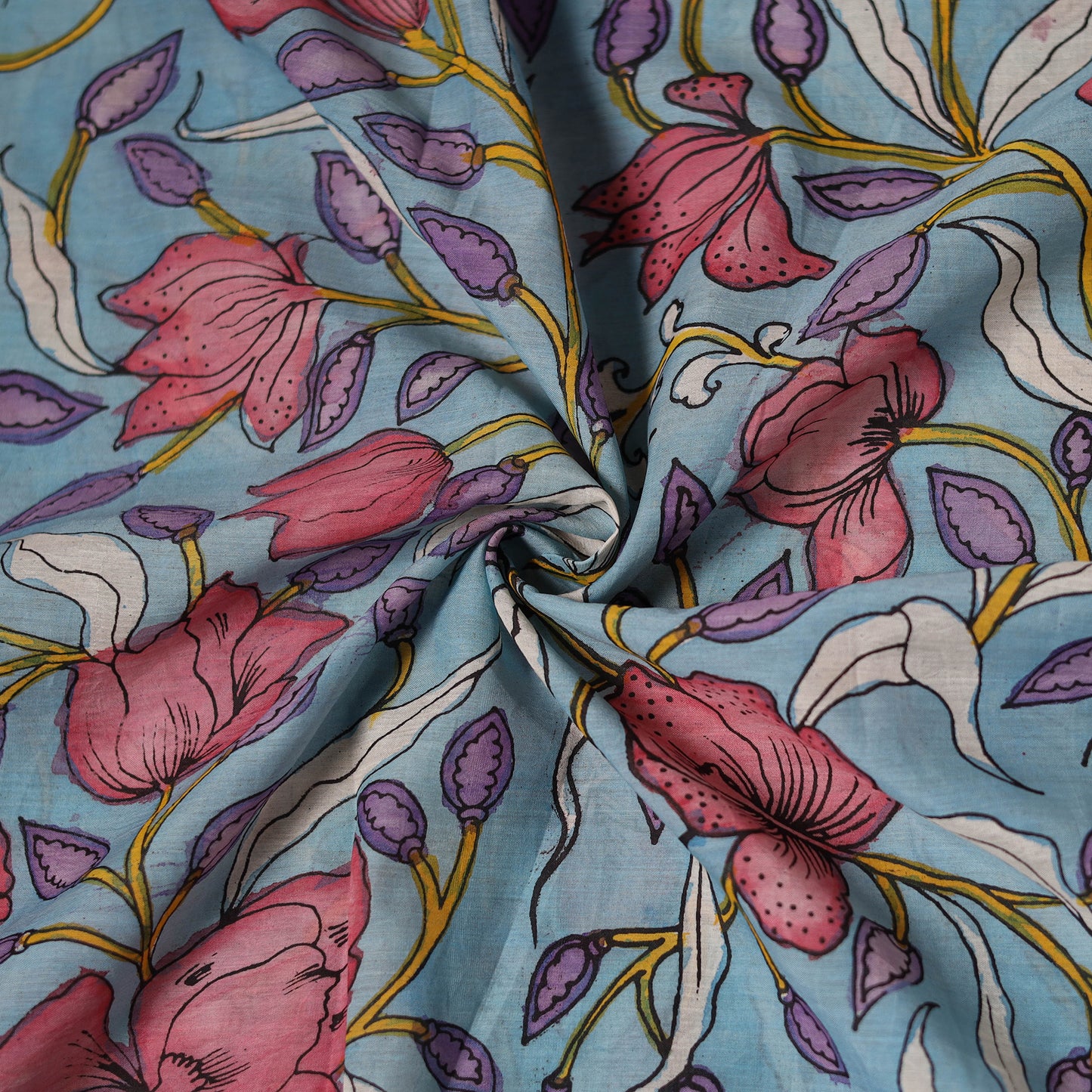 Blue - Handpainted Srikalahasti Silk Cotton Pen Kalamkari Fabric 21