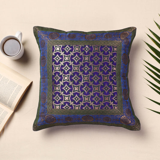 Blue - Banarasi Handwoven Silk Zari Cushion Cover (16 x 16 in)