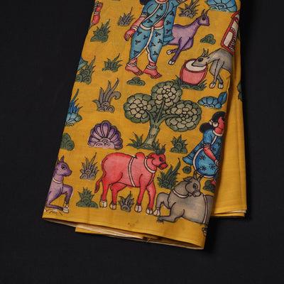 Yellow - Handpainted Srikalahasti Silk Cotton Pen Kalamkari Fabric 24