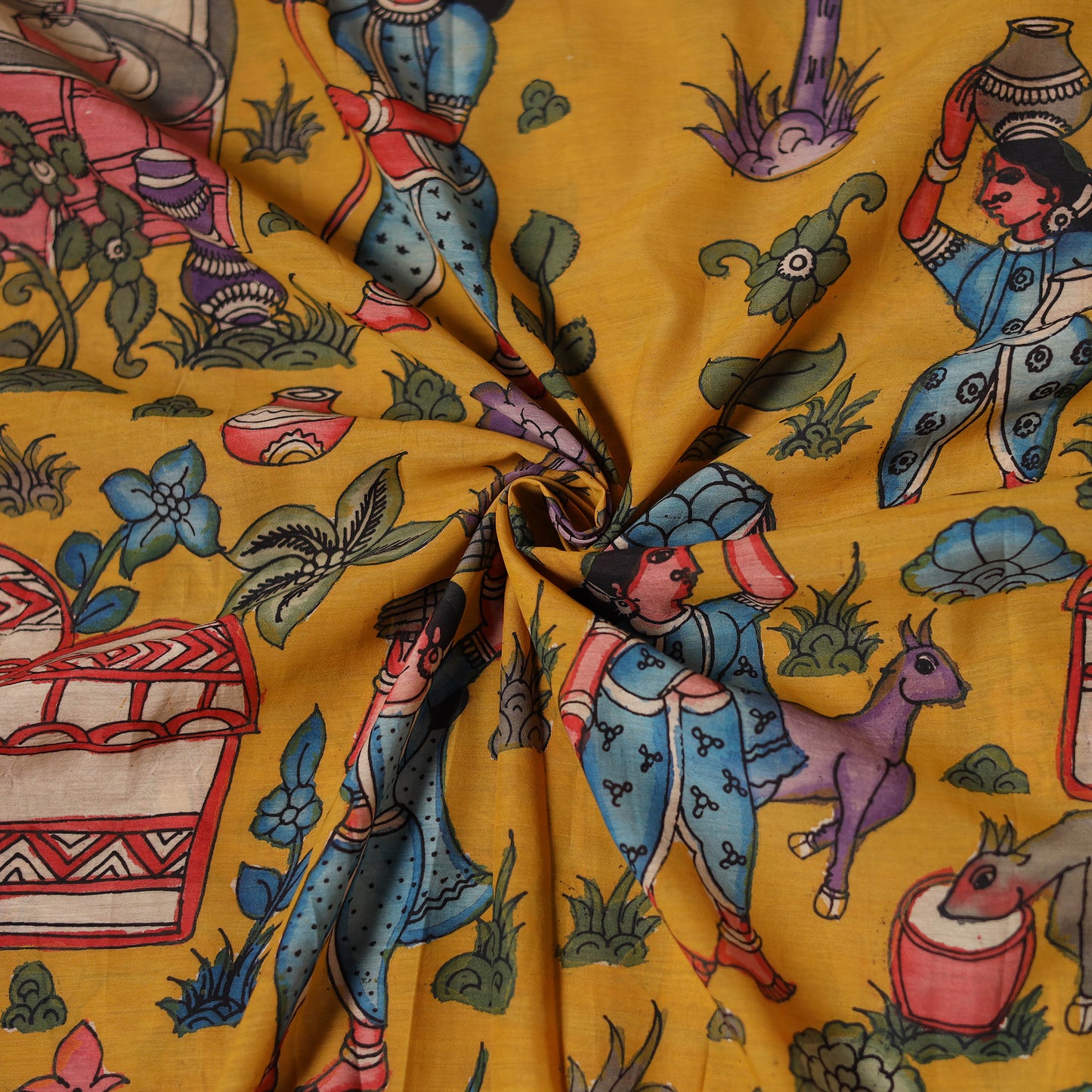 Yellow - Handpainted Srikalahasti Silk Cotton Pen Kalamkari Fabric 24