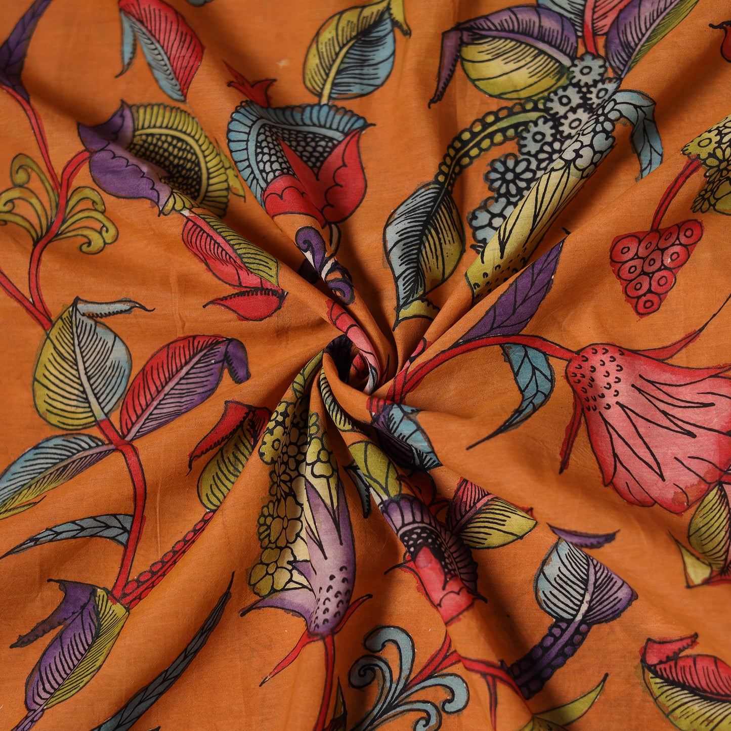 Orange - Handpainted Srikalahasti Silk Cotton Pen Kalamkari Fabric 25