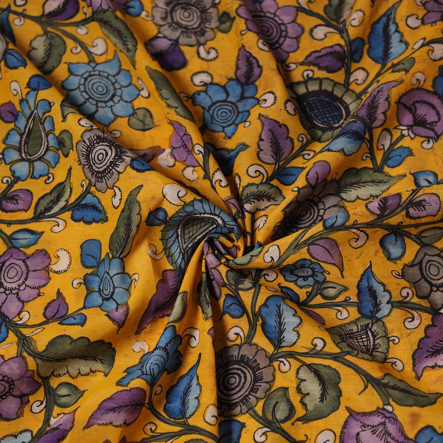 Yellow - Handpainted Srikalahasti Silk Cotton Pen Kalamkari Fabric 28