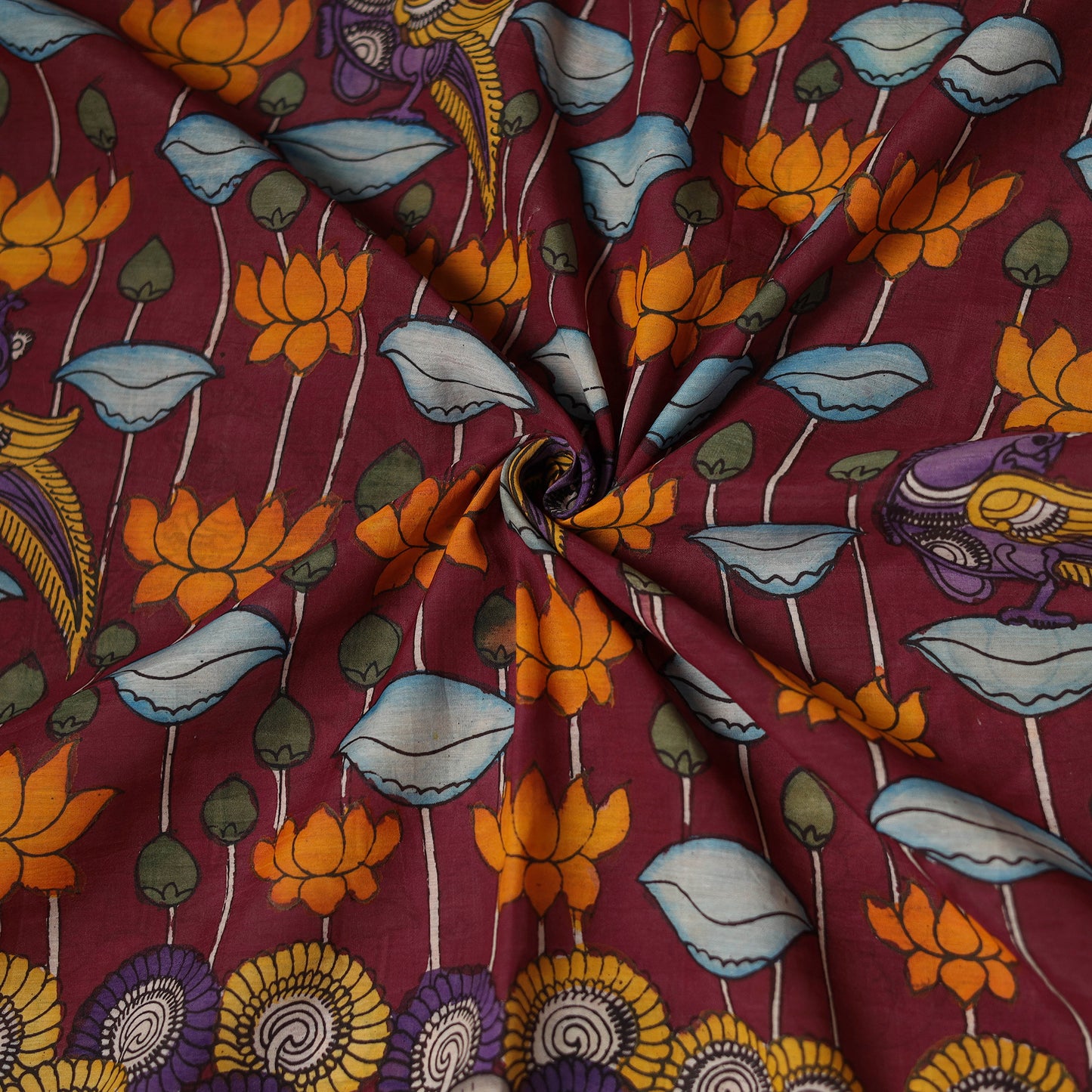 Maroon - Handpainted Srikalahasti Silk Cotton Pen Kalamkari Fabric 29