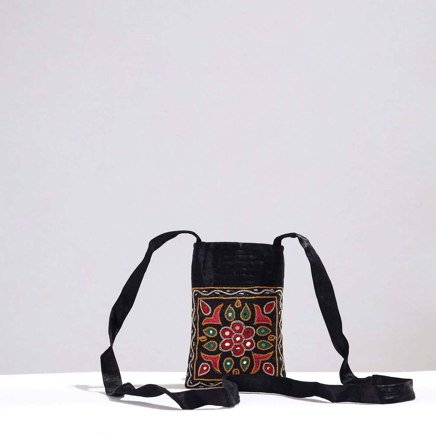 Black - Kutch Pakko Hand Embroidery Mirror Work Mashru Silk Sling Bag 83