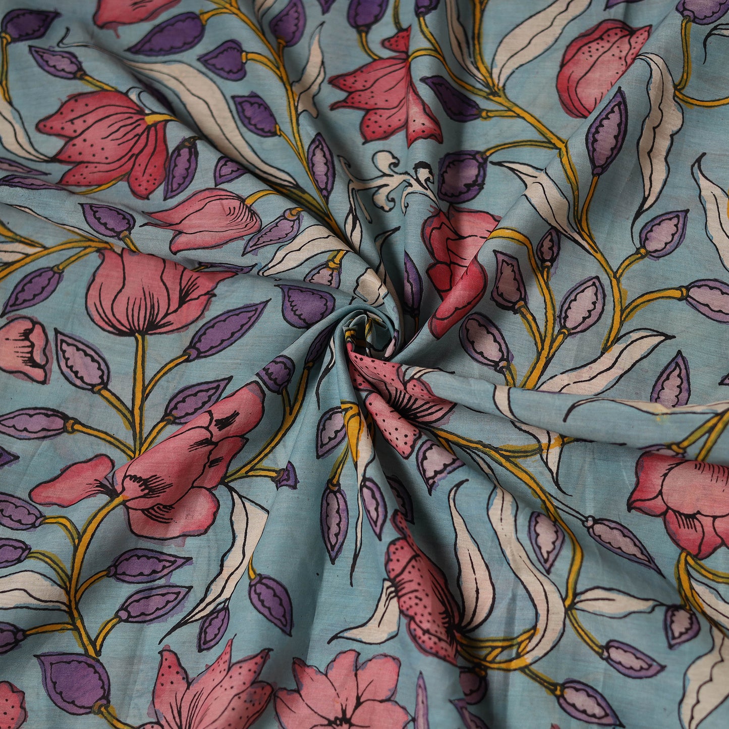 Blue - Handpainted Srikalahasti Silk Cotton Pen Kalamkari Fabric 31