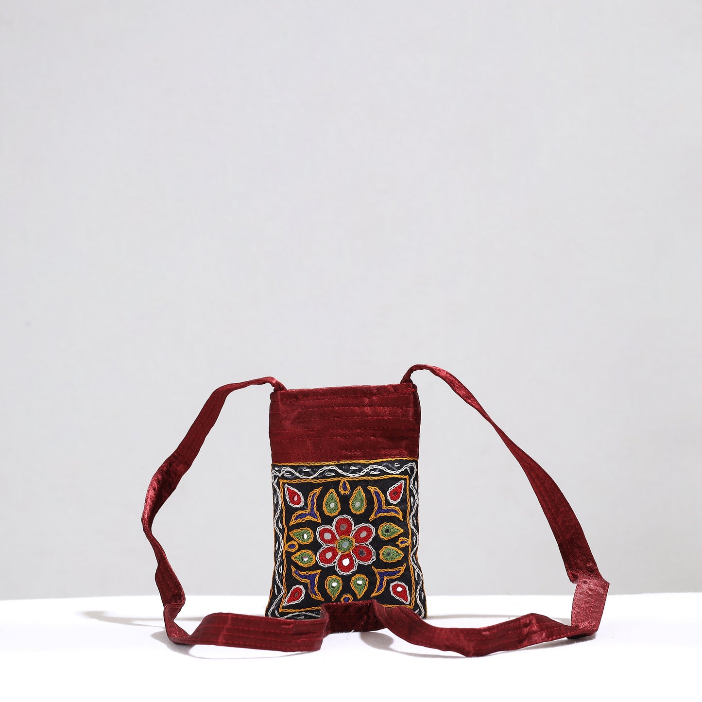 Black - Kutch Pakko Hand Embroidery Mirror Work Mashru Silk Sling Bag 88