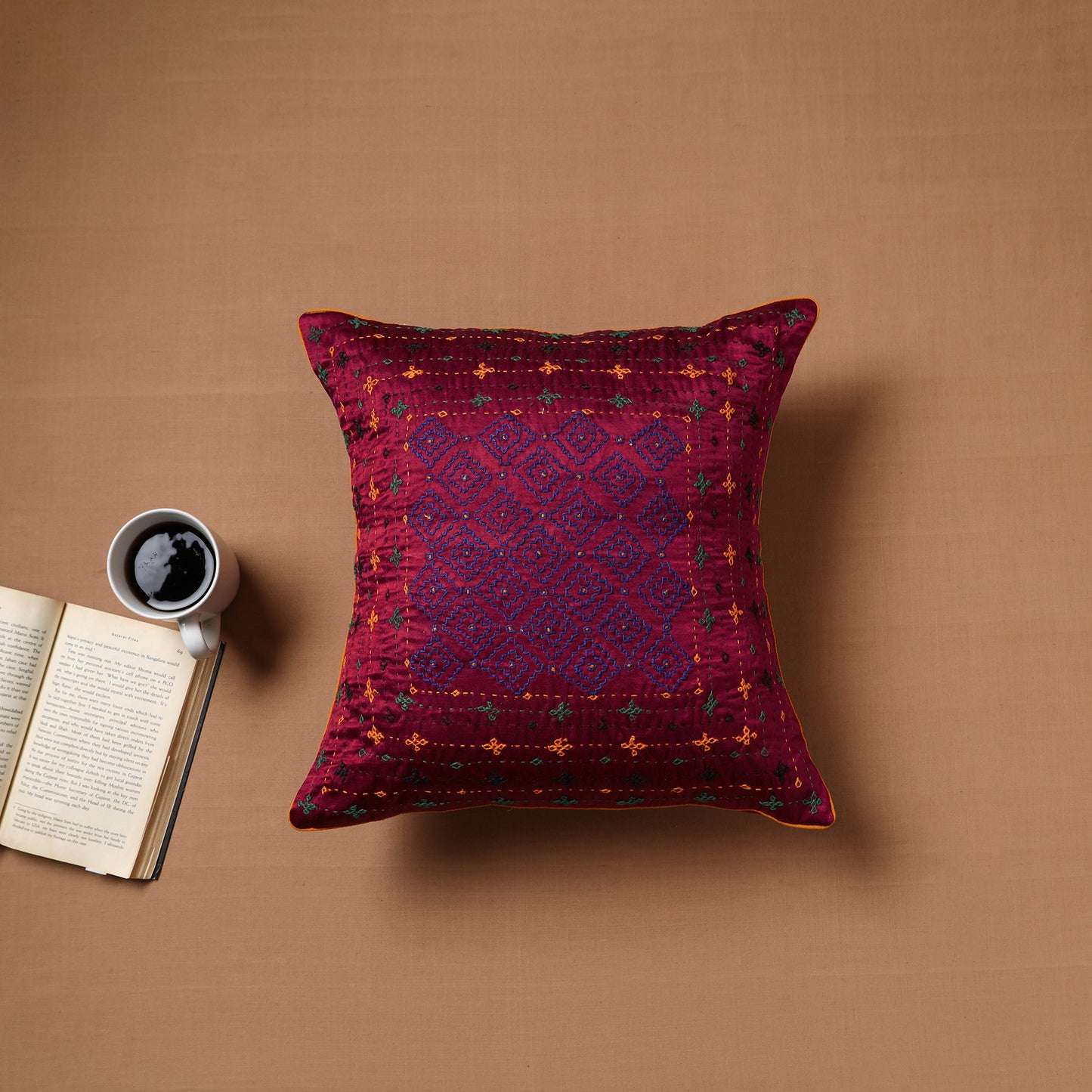 Maroon - Kutch Hand Embroidery Cushion Cover (16 x 16 in) 05