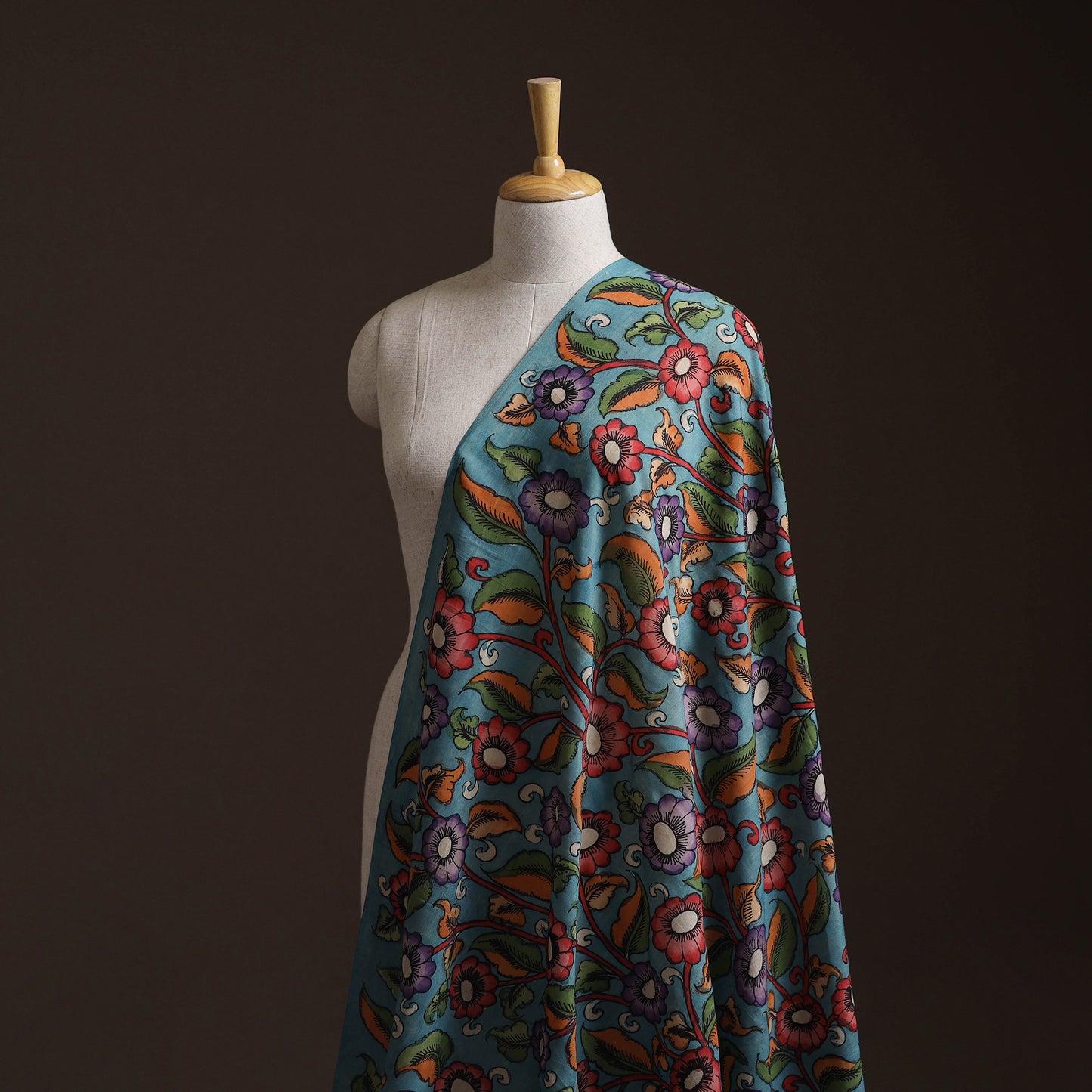 Blue - Handpainted Srikalahasti Silk Cotton Pen Kalamkari Fabric 11