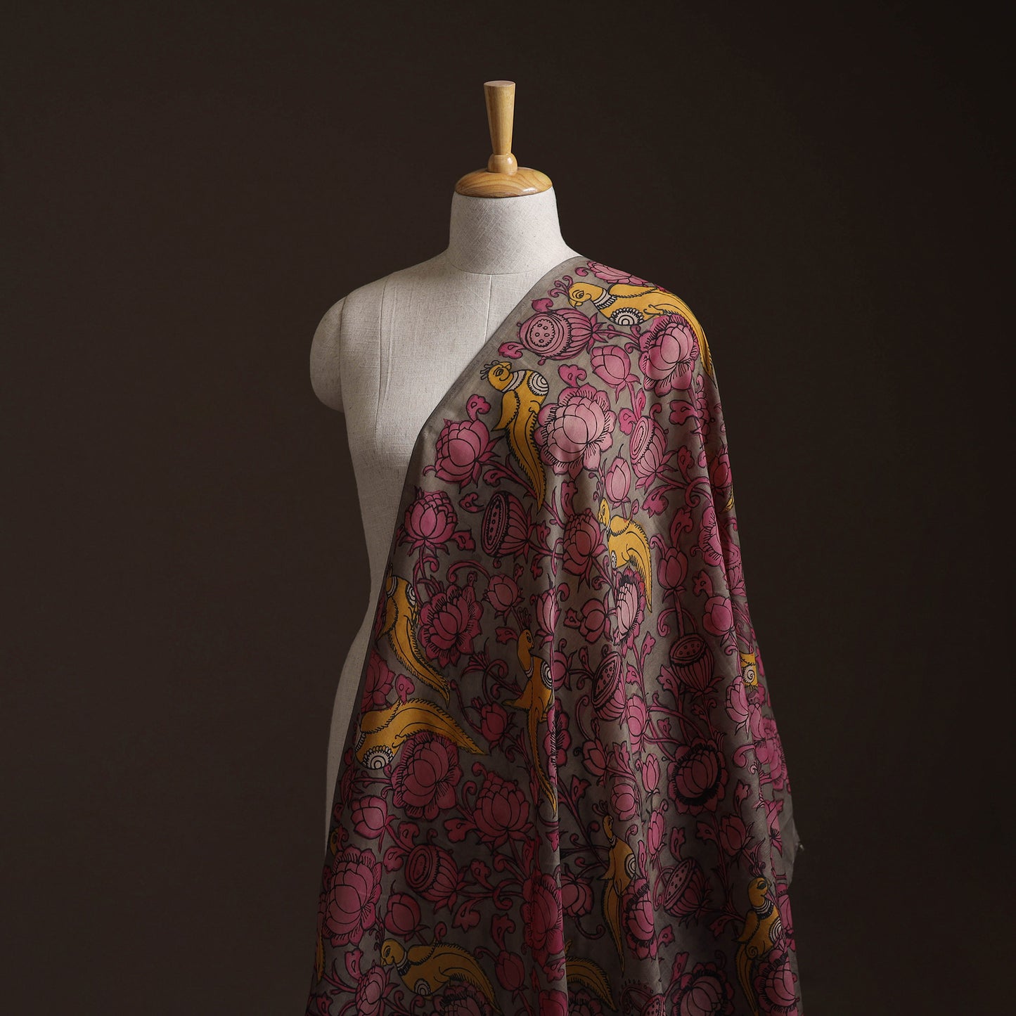 Pink - Handpainted Srikalahasti Silk Cotton Pen Kalamkari Fabric 01