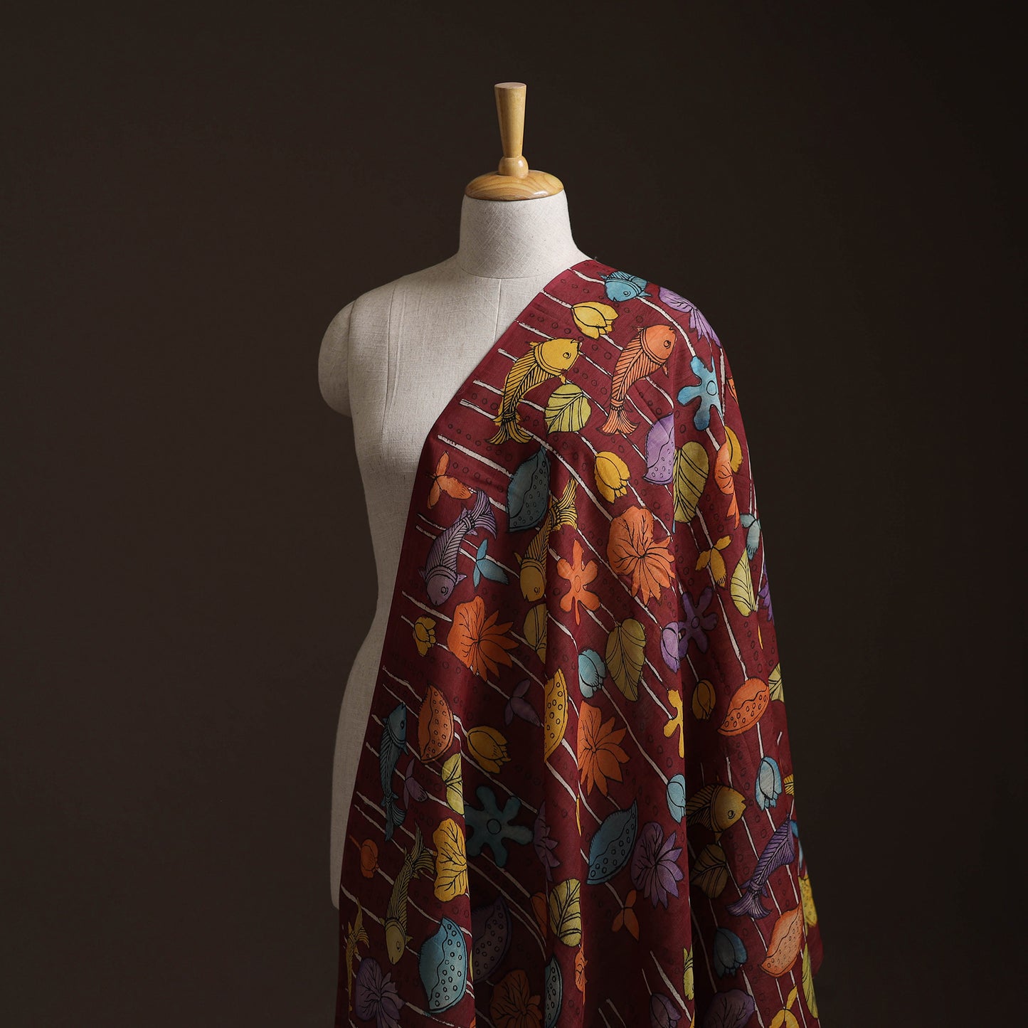 Maroon - Handpainted Srikalahasti Silk Cotton Pen Kalamkari Fabric 03