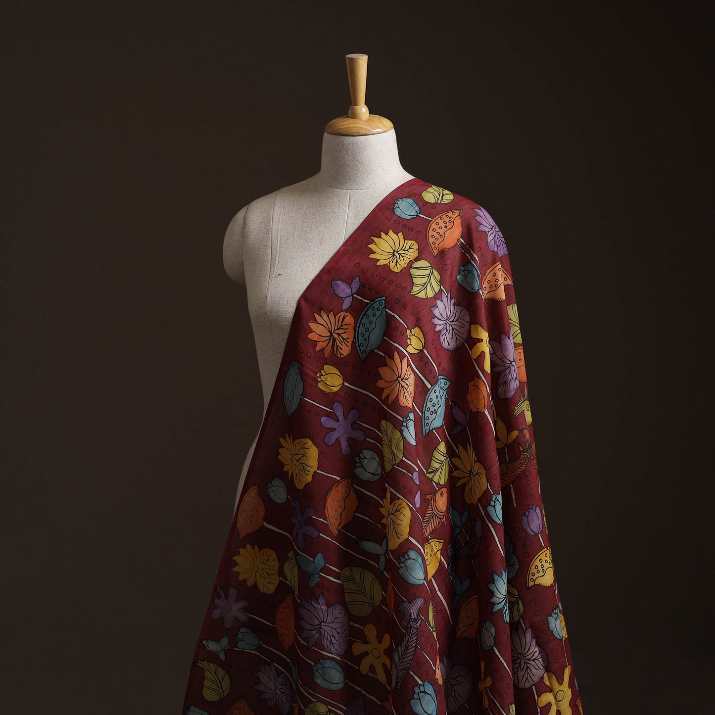 Maroon - Handpainted Srikalahasti Silk Cotton Pen Kalamkari Fabric 05