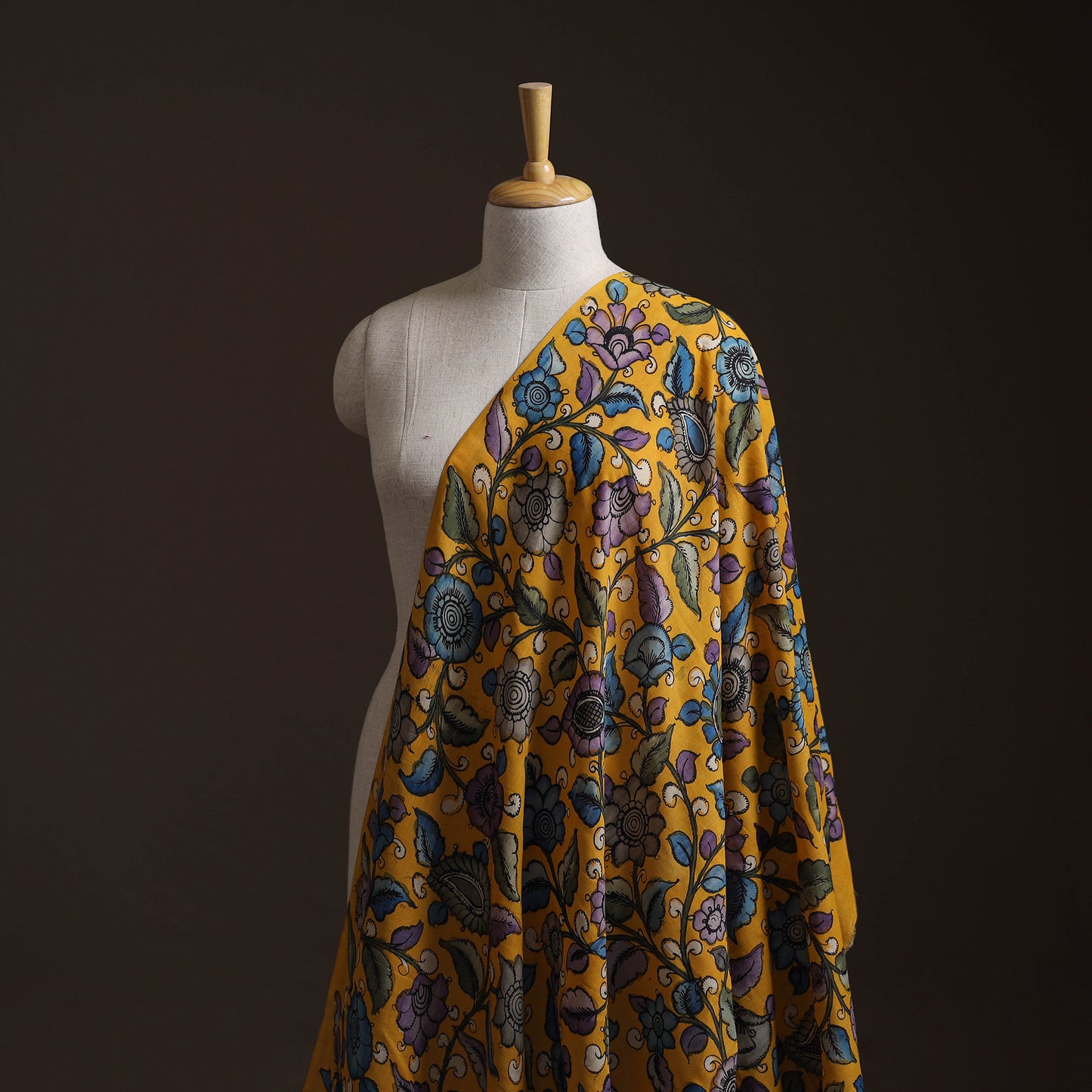 Yellow - Handpainted Srikalahasti Silk Cotton Pen Kalamkari Fabric 07