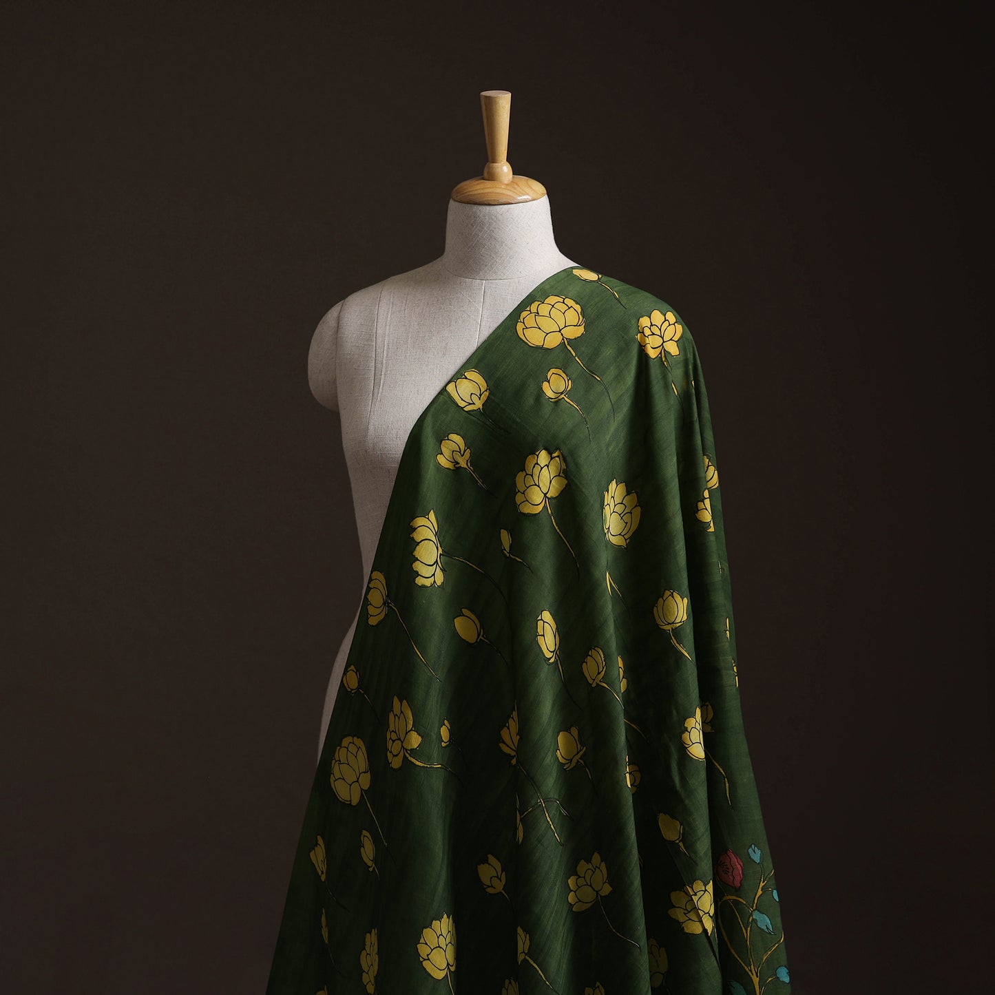 Green - Handpainted Srikalahasti Silk Cotton Pen Kalamkari Fabric 08