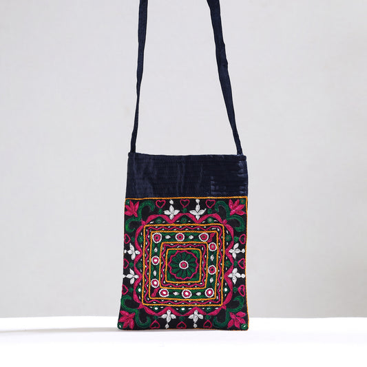 Black - Kutch Pakko Hand Embroidery Mirror Work Mashru Silk Sling Bag 101
