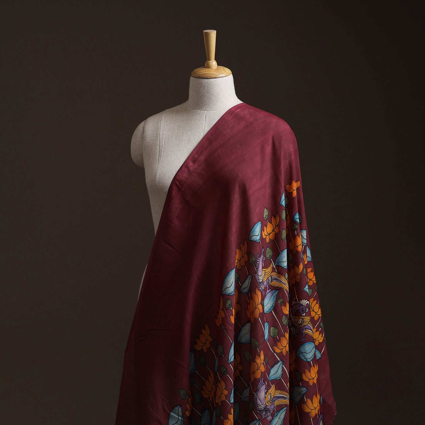 Maroon - Handpainted Srikalahasti Silk Cotton Pen Kalamkari Fabric 12