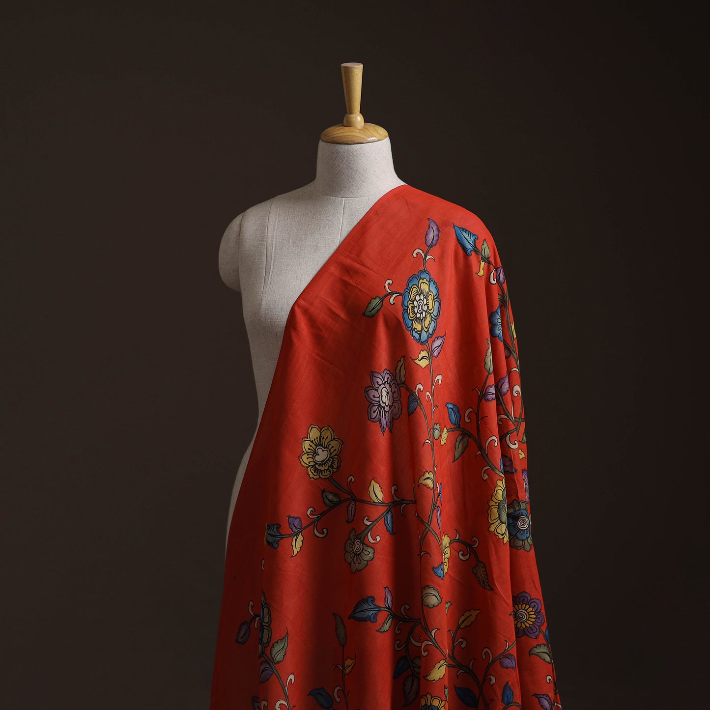 Red - Handpainted Srikalahasti Silk Cotton Pen Kalamkari Fabric 14