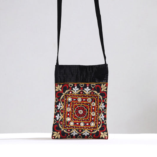 Black - Kutch Pakko Hand Embroidery Mirror Work Mashru Silk Sling Bag 104