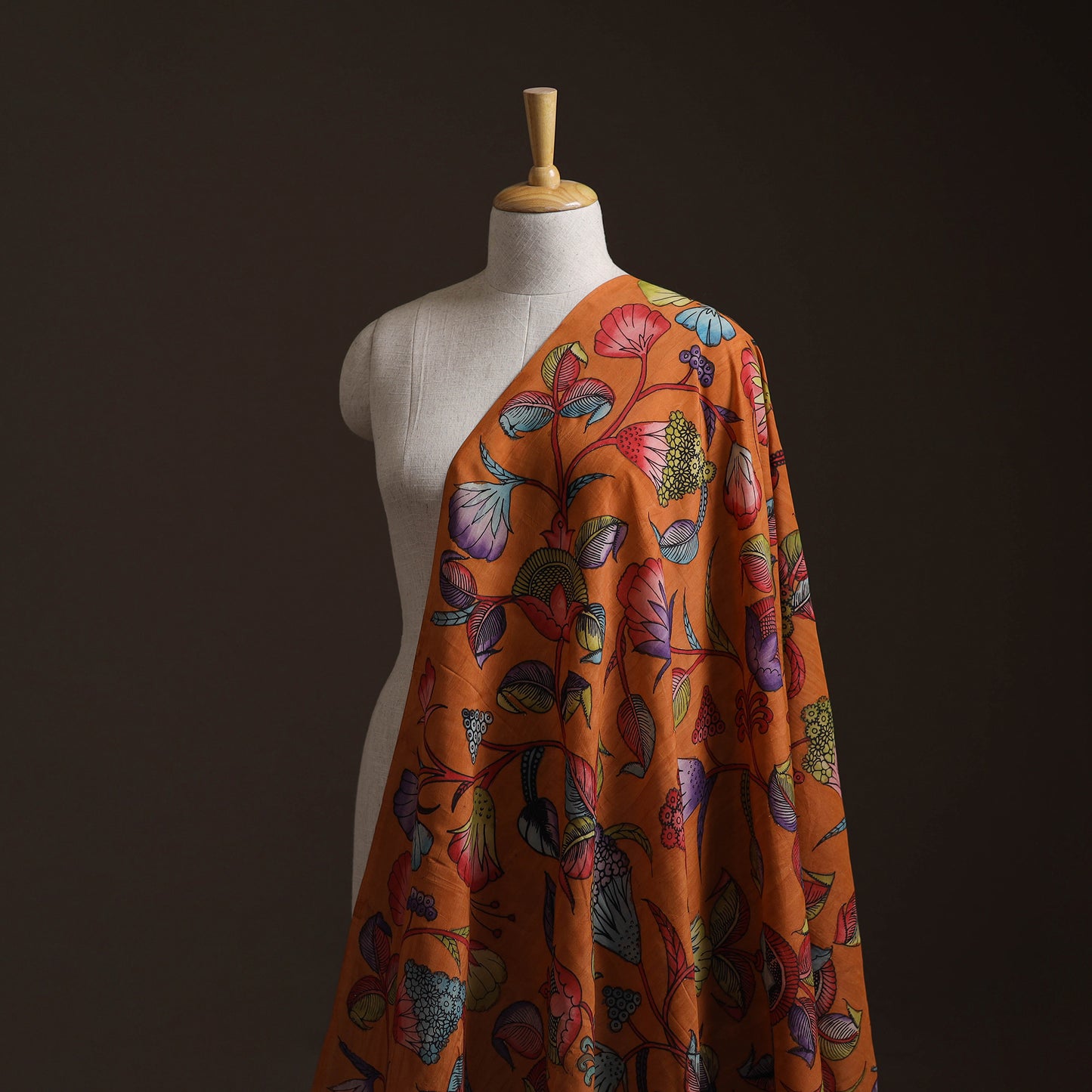 Orange - Handpainted Srikalahasti Silk Cotton Pen Kalamkari Fabric 15