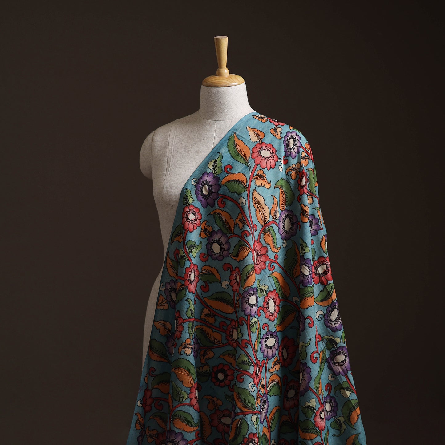 Blue - Handpainted Srikalahasti Silk Cotton Pen Kalamkari Fabric 18
