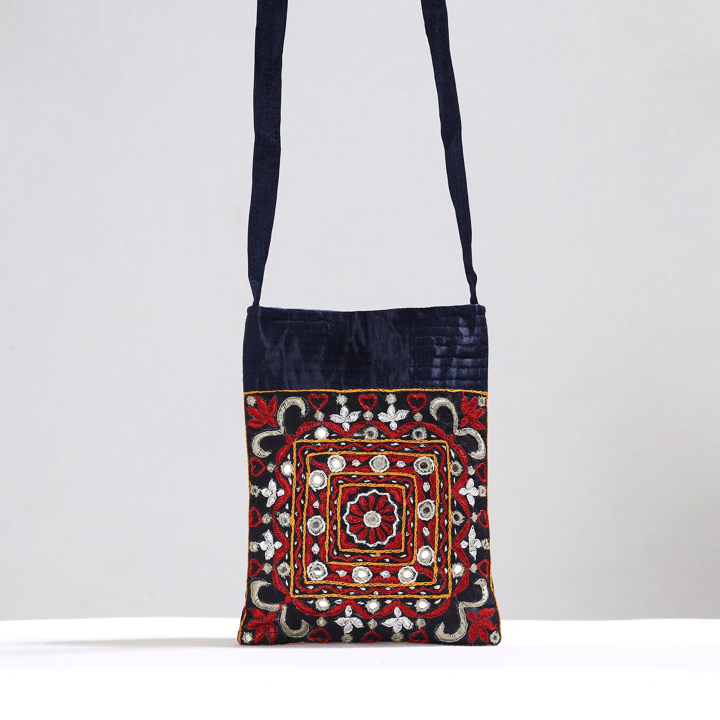 Black - Kutch Pakko Hand Embroidery Mirror Work Mashru Silk Sling Bag 110