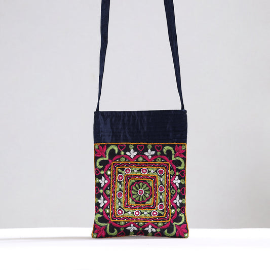 Black - Kutch Pakko Hand Embroidery Mirror Work Mashru Silk Sling Bag 111
