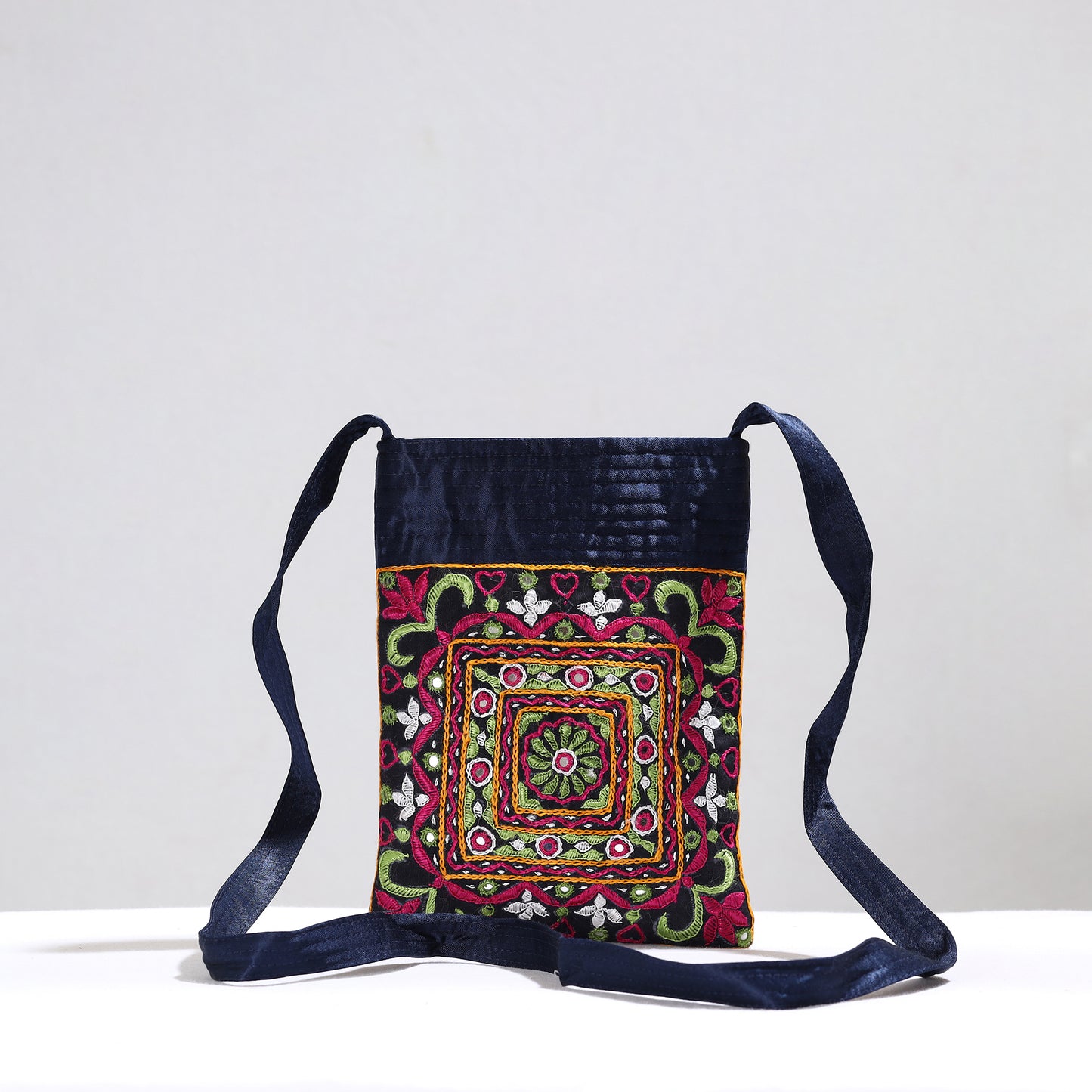 Black - Kutch Pakko Hand Embroidery Mirror Work Mashru Silk Sling Bag 111