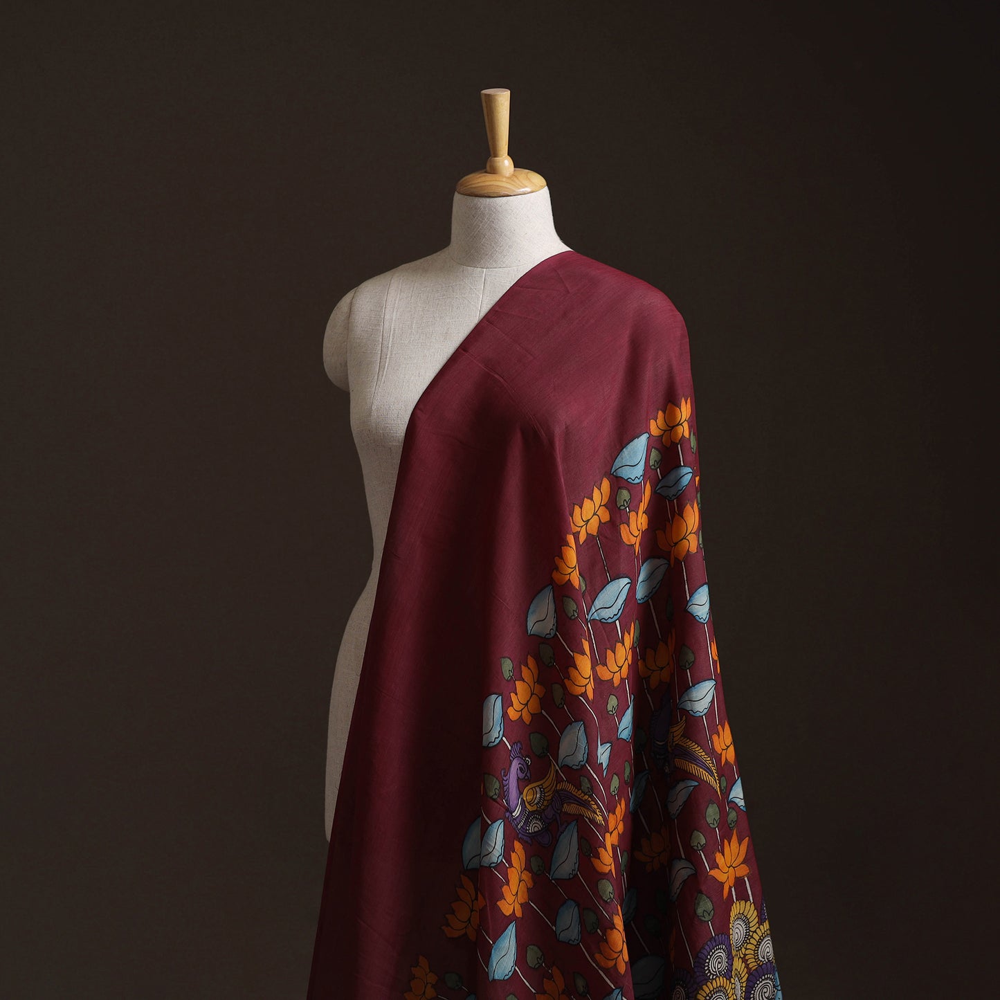 Maroon - Handpainted Srikalahasti Silk Cotton Pen Kalamkari Fabric 29