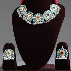 Green - fabart german silver mirror work choker necklace