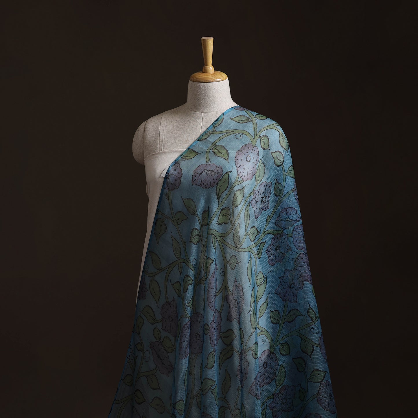 Blue - Srikalahasti Pen Work Handpainted Kalamkari Handloom Kota Doria Silk Fabric 02