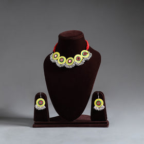 Yellow - fabart german silver mirror work choker necklace