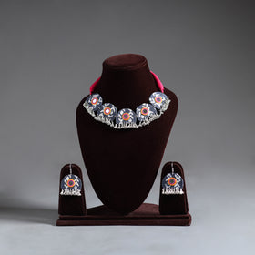 Grey - fabart german silver mirror work choker necklace set