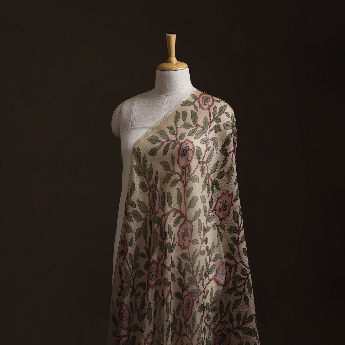 Srikalahasti Pen Work Handpainted Kalamkari Handloom Kota Doria Silk Fabric 04