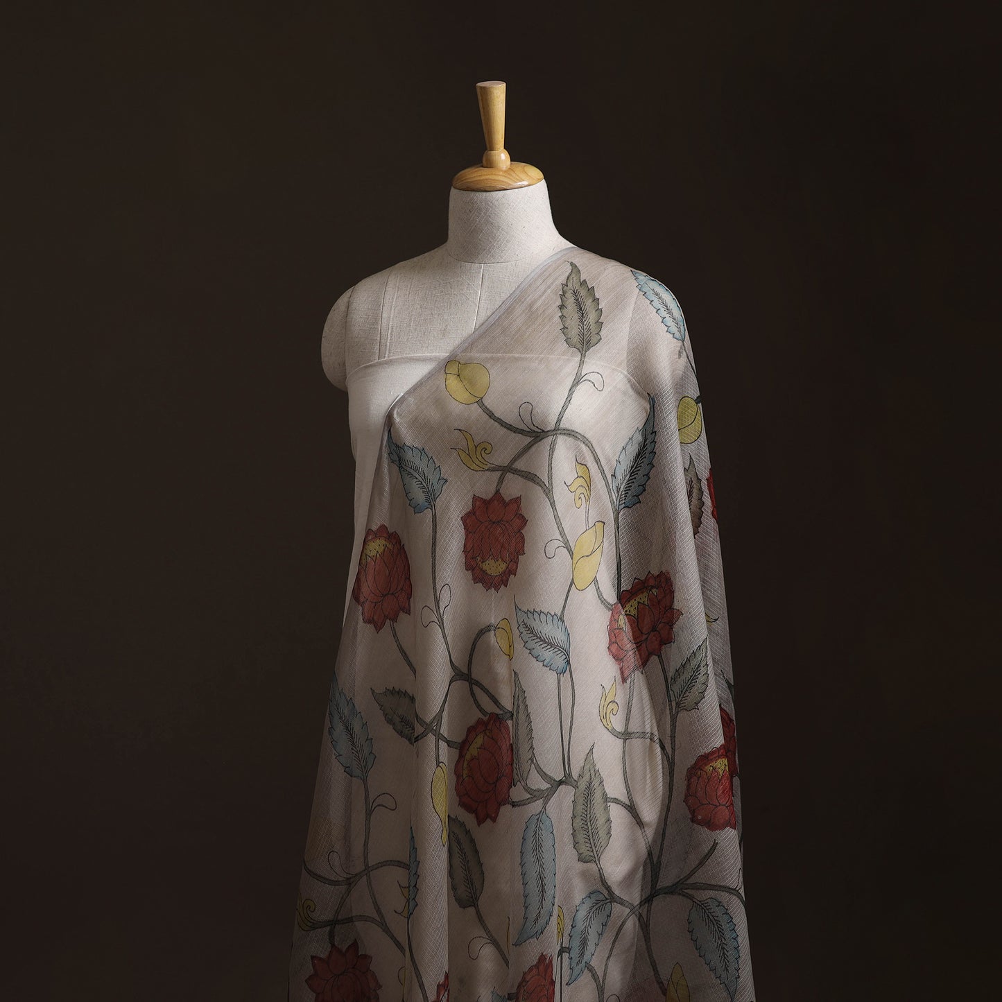 Srikalahasti Pen Work Handpainted Kalamkari Handloom Kota Doria Silk Fabric 05