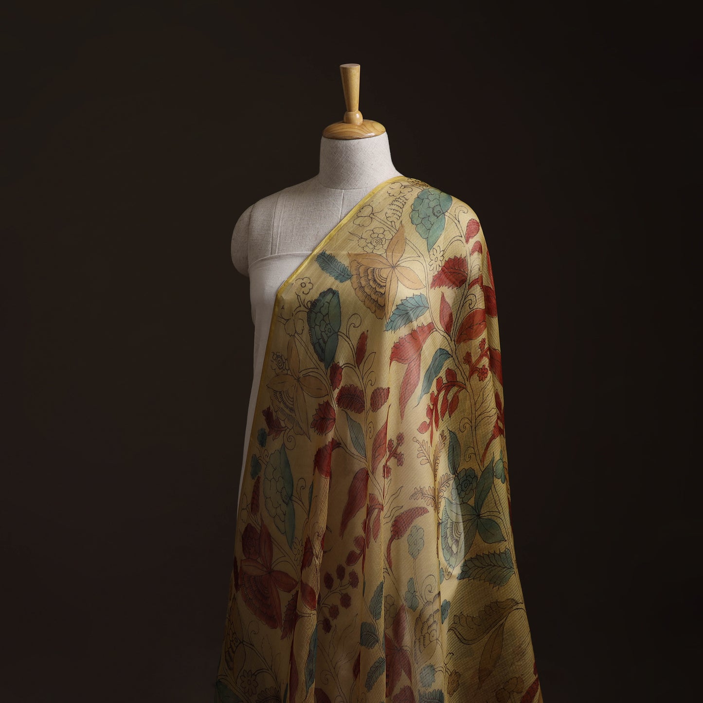 Srikalahasti Pen Work Handpainted Kalamkari Handloom Kota Doria Silk Fabric 06