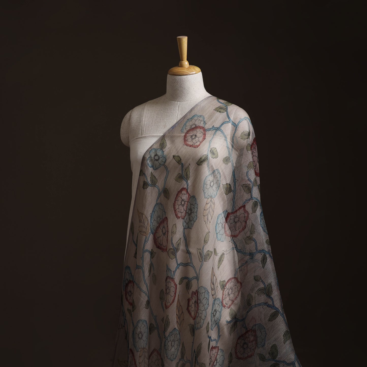 Srikalahasti Pen Work Handpainted Kalamkari Handloom Kota Doria Silk Fabric 07