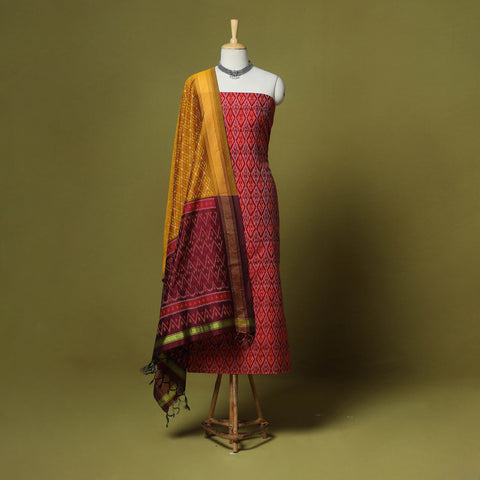 Red - 2pc unstitched handloom sico pochampally ikat dress