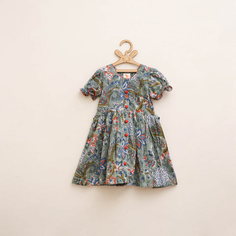Green - Pure Cotton Girls Frock Dress in Sanganeri Floral Prints (3-4 Years) 17