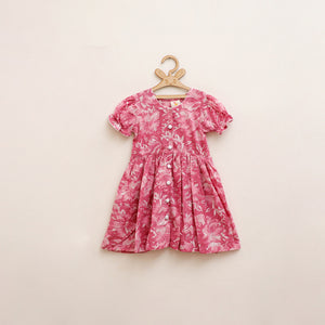 Pink - Pure Cotton Girls Frock Dress in Sanganeri Floral Prints (3-4 Years) 27