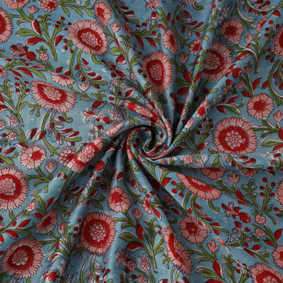Blue - Sanganeri Hand Block Print Modal Silk Fabric 07