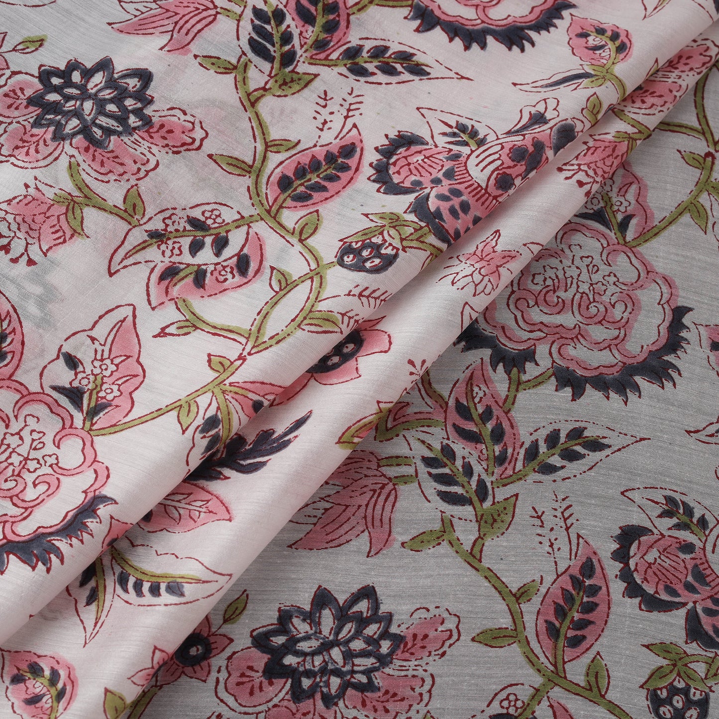White - Sanganeri Hand Block Print Modal Silk Fabric 09